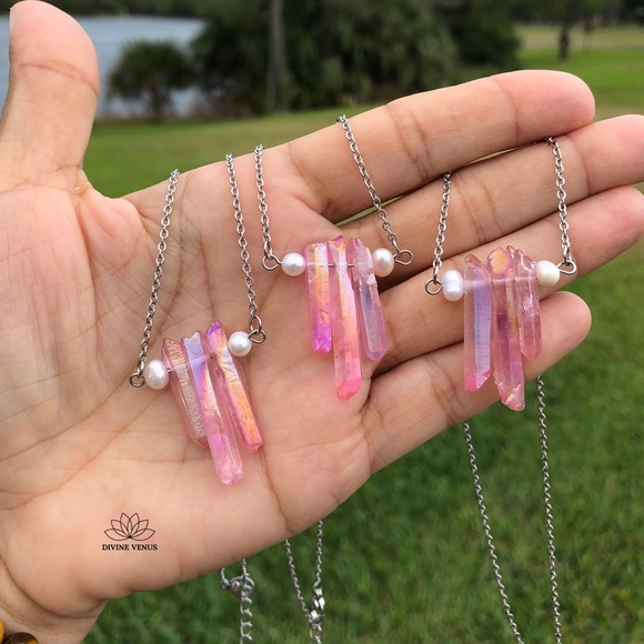 Angel Aura Pink Quartz x Pearls Necklace | Stainless Steel Chain - Picture 8 of 15